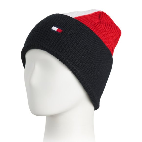 ​Tommy Hilfiger Rib Cuff Beanie NWT Colorblock Red White Blue Winter Thermal - Picture 1 of 4